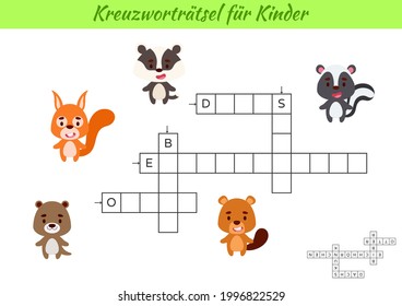 Crossword for kids in German with pictures of animals. Educational game for study German language and words. Children activity printable worksheet. Includes answers. Vector stock illustration
