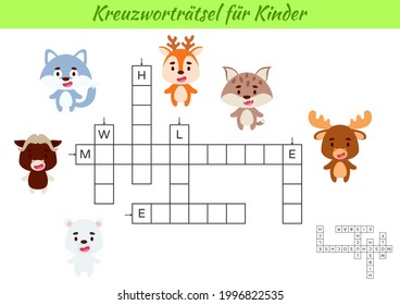 Crossword for kids in German with pictures of animals. Educational game for study German language and words. Children activity printable worksheet. Includes answers. Vector stock illustration
