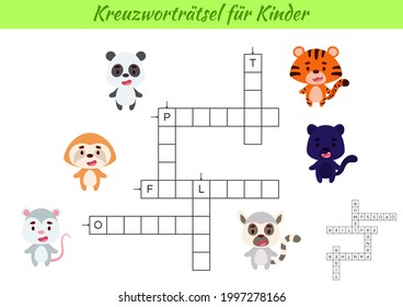 Crossword für Kinder auf Deutsch mit Tierbildern. Lernspiel zum Erlernen von Deutsch und Wörtern. Ausdruckbares Arbeitsblatt für Kinder. Enthält Antworten. Vektorgrafik