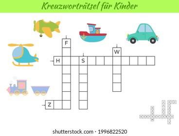 Crossword for kids in German with pictures of transport. Educational game for study German language and words. Children activity printable worksheet. Includes answers. Vector stock illustration