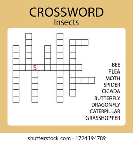 Crossword for kids / insects / with list of words and one hint
