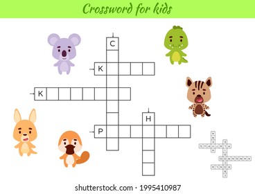 Crossword for kids with pictures of animals. Educational game for study English language and words. Children activity printable worksheet. Includes answers. Vector stock illustration