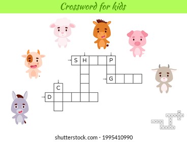 Crossword for kids with pictures of animals. Educational game for study English language and words. Children activity printable worksheet. Includes answers. Vector stock illustration