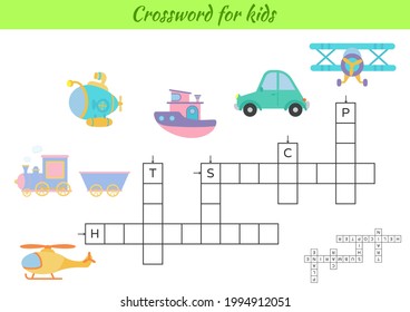 Crossword for kids with pictures of transport. Educational game for study English language and words. Children activity printable worksheet. Includes answers. Vector stock illustration