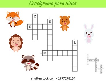 Crossword for kids in Spanish with pictures of animals. Educational game for study Spanish language and words. Children activity printable worksheet. Includes answers. Vector stock illustration