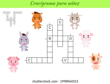 Crossword for kids in Spanish with pictures of animals. Educational game for study Spanish language and words. Children activity printable worksheet. Includes answers. Vector stock illustration