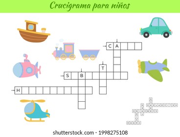 Crossword for kids in Spanish with pictures of transport. Educational game for study Spanish language and words. Children activity printable worksheet. Includes answers. Vector stock illustration