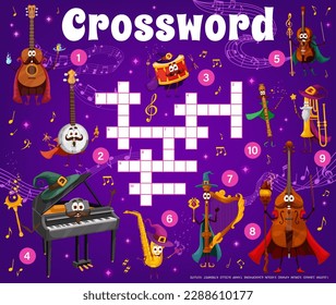 Crossword music quiz game grid wizard and fairy musical instrument characters. Find a word vector worksheet with cartoon guitar, banjo and piano. Violin, saxophone and harp, cello, trumpet or flute