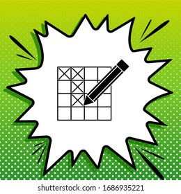 Crossword with pencil sign. Black Icon on white popart Splash at green background with white spots. Illustration.