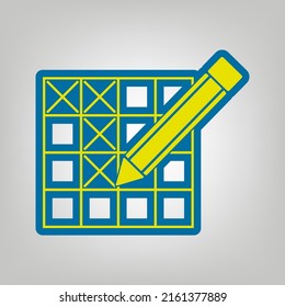 Crossword with pencil sign. Icon in colors of Ukraine flag (yellow, blue) at gray Background. Illustration.