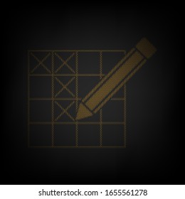 Crossword with pencil sign. Icon as grid of small orange light bulb in darkness. Illustration.