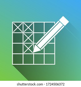 Crossword with pencil sign. White Icon with gray dropped limitless shadow on green to blue background. Illustration.