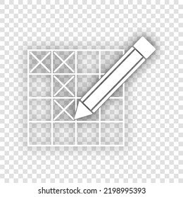 Crossword with pencil sign. White Icon with dropped natural gray Shadow at transparent Background. Illustration.