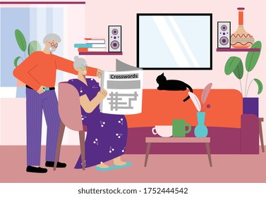 Crossword People flache Komposition mit Innenansicht Wohnzimmer von Senioren Familie arbeitende Kreuzworträtsel Vektorgrafik