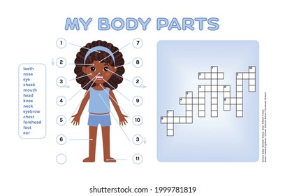 Crossword puzzle about my body parts and Cute African Black girl. Intellectual game on anatomy and biology for kids. Workpage to print. Flat cartoon color style. White background. Vector illustration.