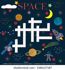 Rompecabezas para niños sobre el tema del espacio en imágenes con respuestas, fondo azul oscuro, vector