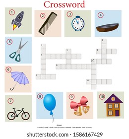 Crossword puzzle for children on the theme of objects in pictures with answers, light background, vector