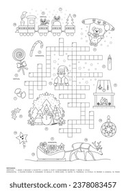Crossword puzzle. Christmas theme. Game and Coloring page. French language. Vector illustration.