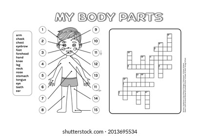 Crossword Puzzle Cute Little Boy and My Body Parts. A Sheet from a Workbook for an Educational Game with Children, for Printing. English Words.
Flat Cartoon, White, Black, Outline style. Vector image