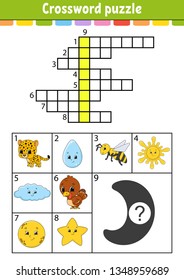 Crossword puzzle. Education developing worksheet. Activity page for study English. With color pictures. Game for children. Isolated vector illustration. Funny character. Cartoon style