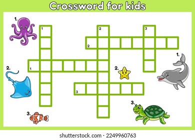 Crossword puzzle in English about sea animals . Educational game for children of preschool and school age. Printable worksheet for kids education. Vector illustration of cartoon ocean creatures.