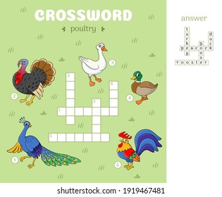 Crossword puzzle in English with birds. Set of cute poultry. Educational game for children. Cartoon vector illustration.