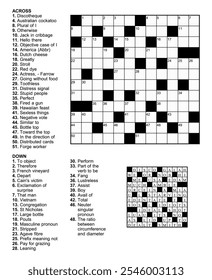 Jogo de palavras cruzadas com 12 x 12 quadrados com pistas e solução.