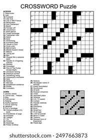 Crossword puzzle game with 15 x 15 squares with clues and solution.