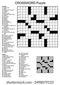 Crossword puzzle game with 15 x 15 squares with clues and solution.