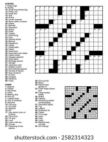 Crossword puzzle game with 15 x 15 squares with clues and solution.