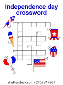 Crossword puzzle game of 4th of July USA Independence Day. Printable worksheet with solution for school and preschool. Vector cartoon Illustration for children.