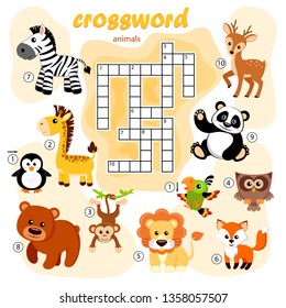 Crossword puzzle game of animals. Panda, fox, deer, bear, owl, giraffe, lion, zebra, monkey, parrot,  penguin