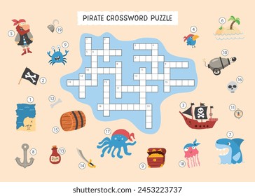 Crossword puzzle game for children in English, Cute cartoon Pirate elements named in English. Vector illustration A4 - ready to print format.