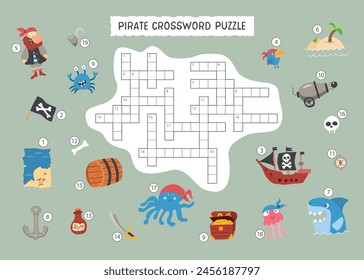 Crossword puzzle game for children in English, Cute cartoon Pirate elements named in English. Vector illustration A4 - ready to print format.