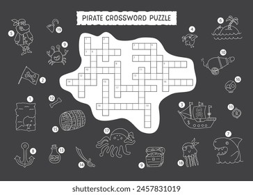 Crossword puzzle game for children in English, Cute cartoon Pirate elements named in English. Vector illustration A4 - ready to print format.