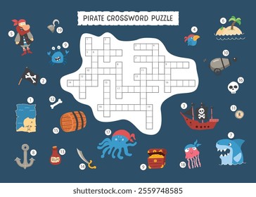 Crossword puzzle game for children in English, Cute cartoon Pirate elements named in English. Vector illustration A4 - ready to print format.