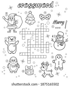 Crossword puzzle game of Christmas and New year theme. Black and white vector illustration for coloring book