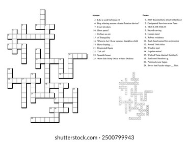 Crossword puzzle game with clues and solution.