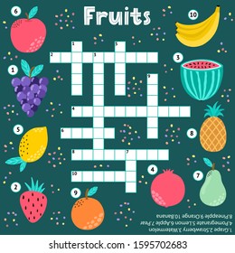 Crossword puzzle game of fruits for kids. Educational activity for school, preschool. Strawberry, apple, grape, lemon, banana, watermelon, orange, pomegranate, pineapple and pear. Vector illustration