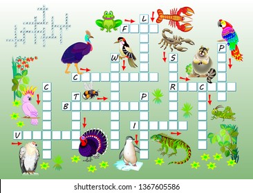 Crossword puzzle game with funny animals. Educational page for children for study English words. Printable worksheet for brainteaser book. Vector cartoon image.