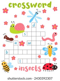 Crucigrama juego de puzzle de insectos. Hoja de trabajo imprimible con solución para la escuela y el preescolar.