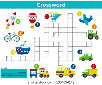Crossword puzzle game kawaii transports  For preschool kids activity worksheet  Study English words  Vector cartoon illustration 