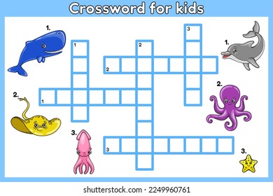 Crossword puzzle game for kids with cartoon sea animals . Educational activity worksheet for preschool and school children. Learning english language. Vector illustration of cute ocean creatures.