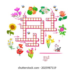 Crossword puzzle game for kids flowers. Educational page for children to study English language and words. Printable worksheet for kids textbook. Back to school. Vector cartoon illustration.