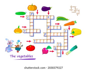 Crossword puzzle game for kids. Learn vegetables. Educational page for children to study English language and words. Printable worksheet for kids textbook. Back to school. Vector cartoon illustration