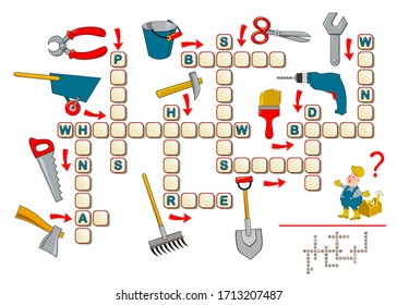 Crossword puzzle game for kids with working tools. Educational page for children to study English language and words. Printable worksheet for kids textbook. Back to school. Flat vector cartoon image.