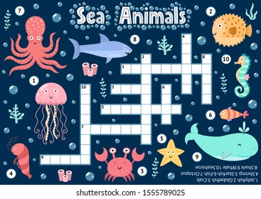 Crossword puzzle game of sea animals for kids. Underwater logical activity sheet for school and preschool. Colorful printable worksheet for children. Vector illustration