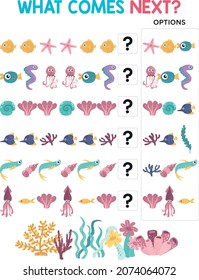 Crossword Puzzle Game Of Sea Animals For Kids. Underwater Logical Activity Sheet For School And Preschool. Colorful Printable Worksheet For Children. Vector Illustration