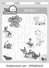 Crossword puzzle game template about animals illustration