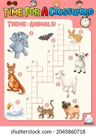 Crossword puzzle game template about animals illustration